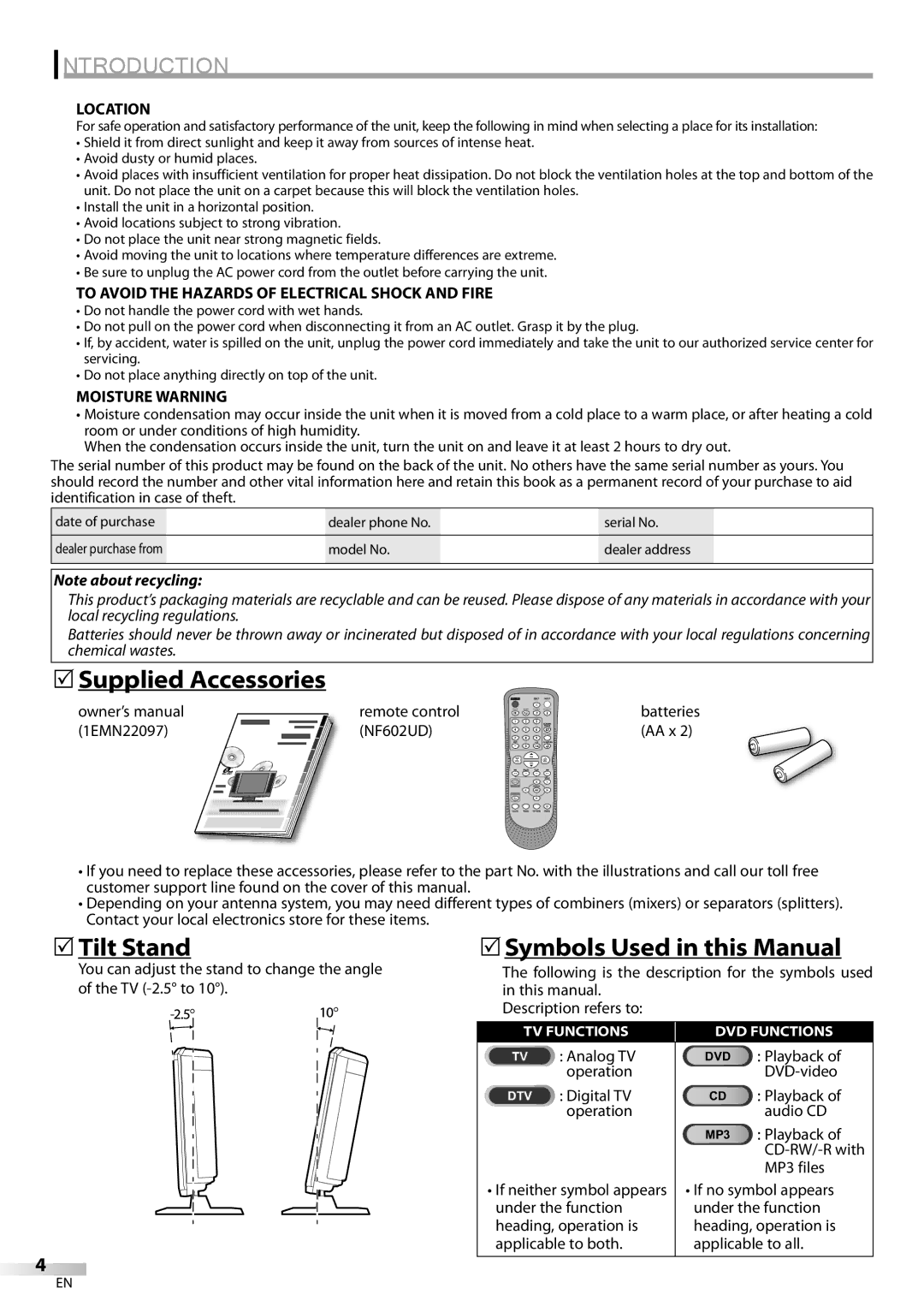 Sylvania ld155sl8 owner manual 5Supplied Accessories, 5Tilt Stand, 5Symbols Used in this Manual 