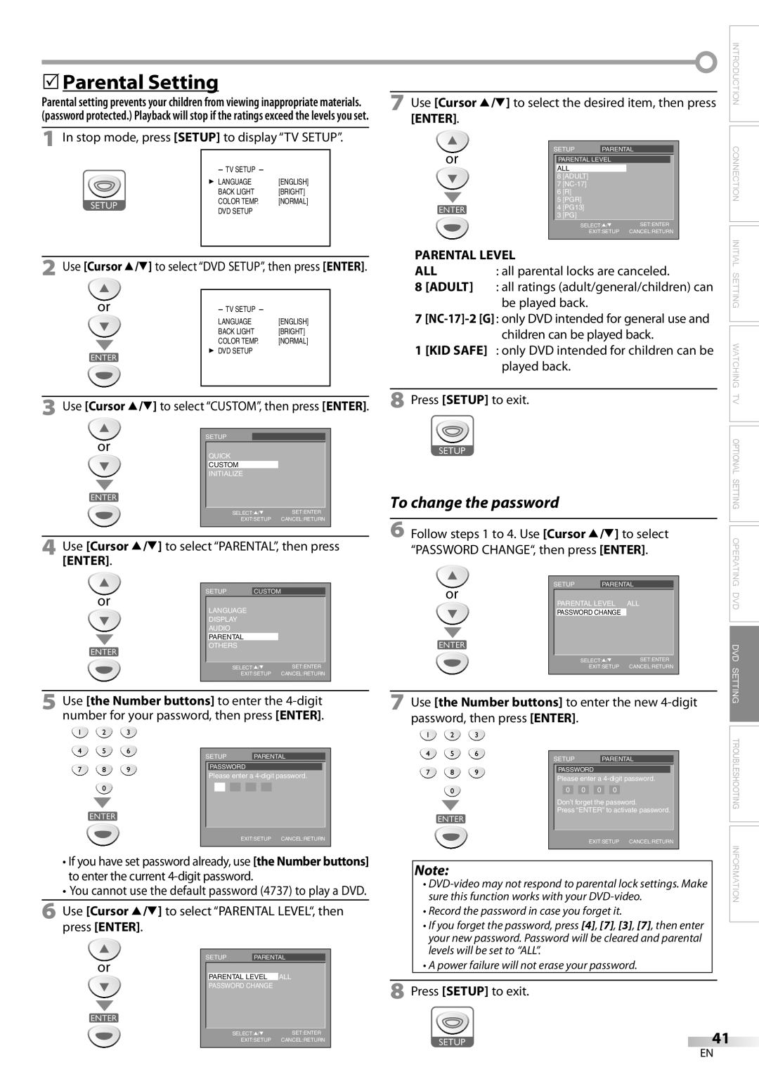 Sylvania ld155sl8 owner manual 5Parental Setting, Use Cursor K/L to select PARENTAL, then press Enter 