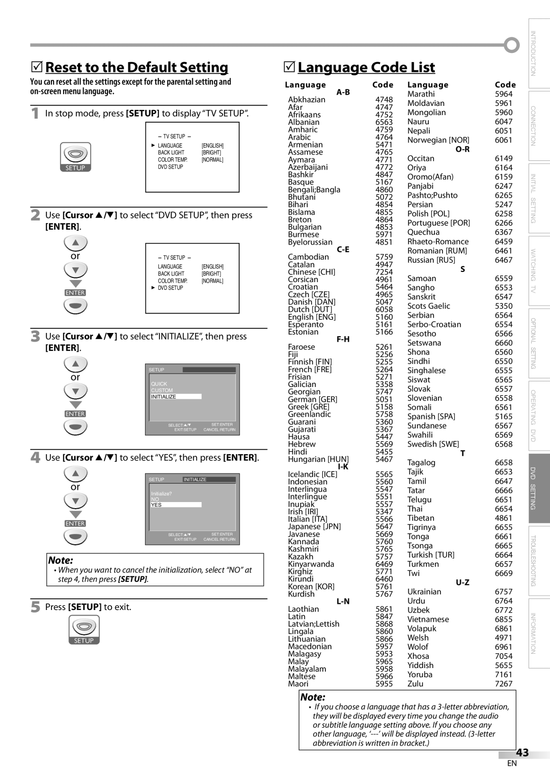 Sylvania ld155sl8 5Reset to the Default Setting, 5Language Code List, Use Cursor K/L to select YES, then press Enter 