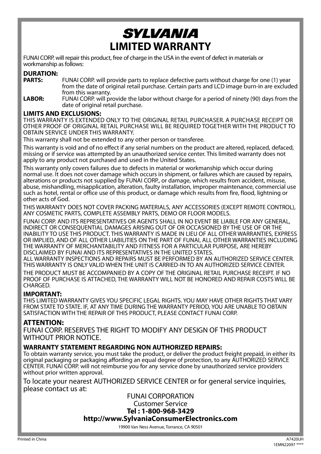 Sylvania ld155sl8 owner manual Limited Warranty 