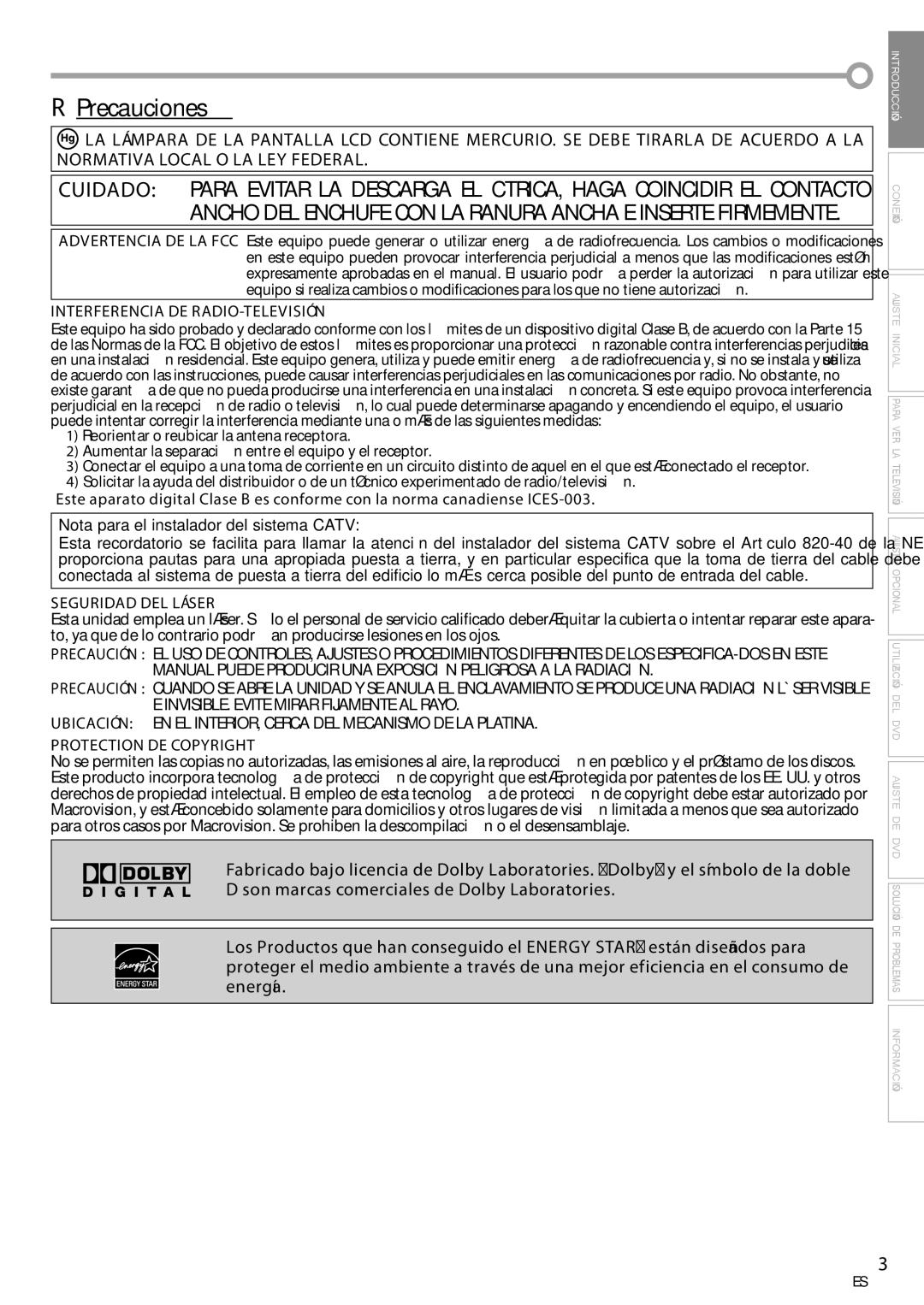 Sylvania ld155sl8 Precauciones, Interferencia DE RADIO-TELEVISIÓN, Seguridad DEL Láser, Protection DE Copyright 