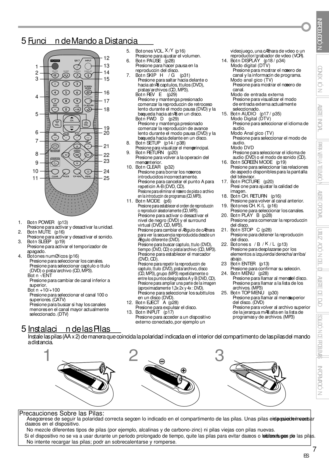 Sylvania ld155sl8 owner manual 5Función de Mando a Distancia, 5Instalación de las Pilas 