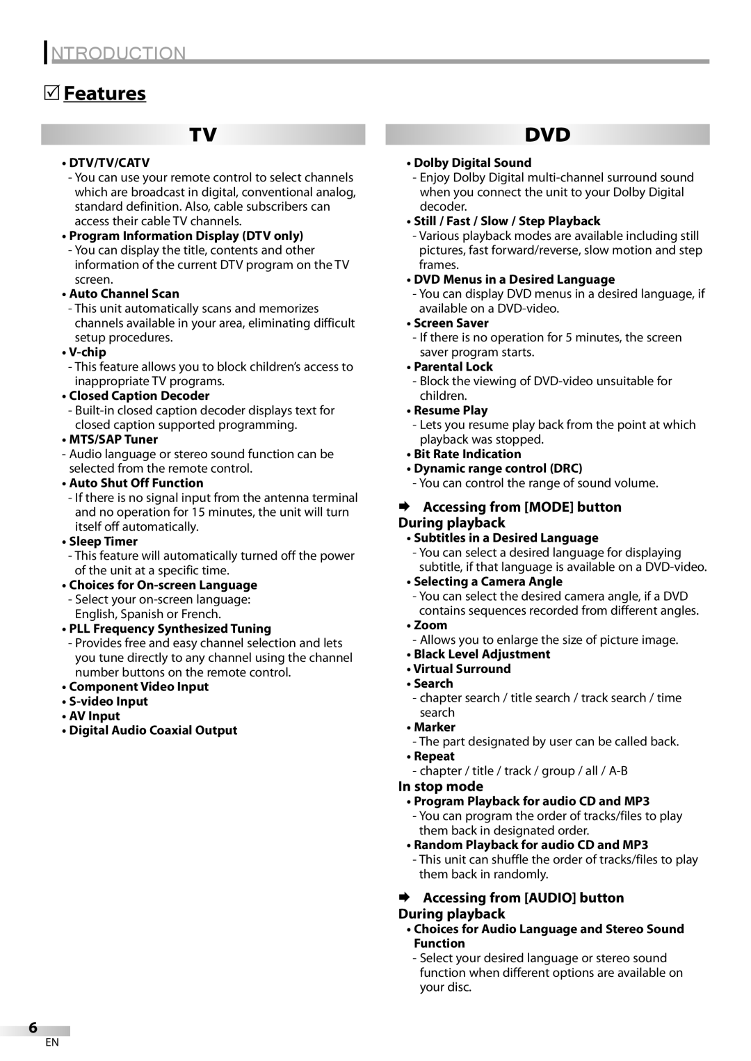 Sylvania ld155sl8 owner manual Features, Dtv/Tv/Catv 