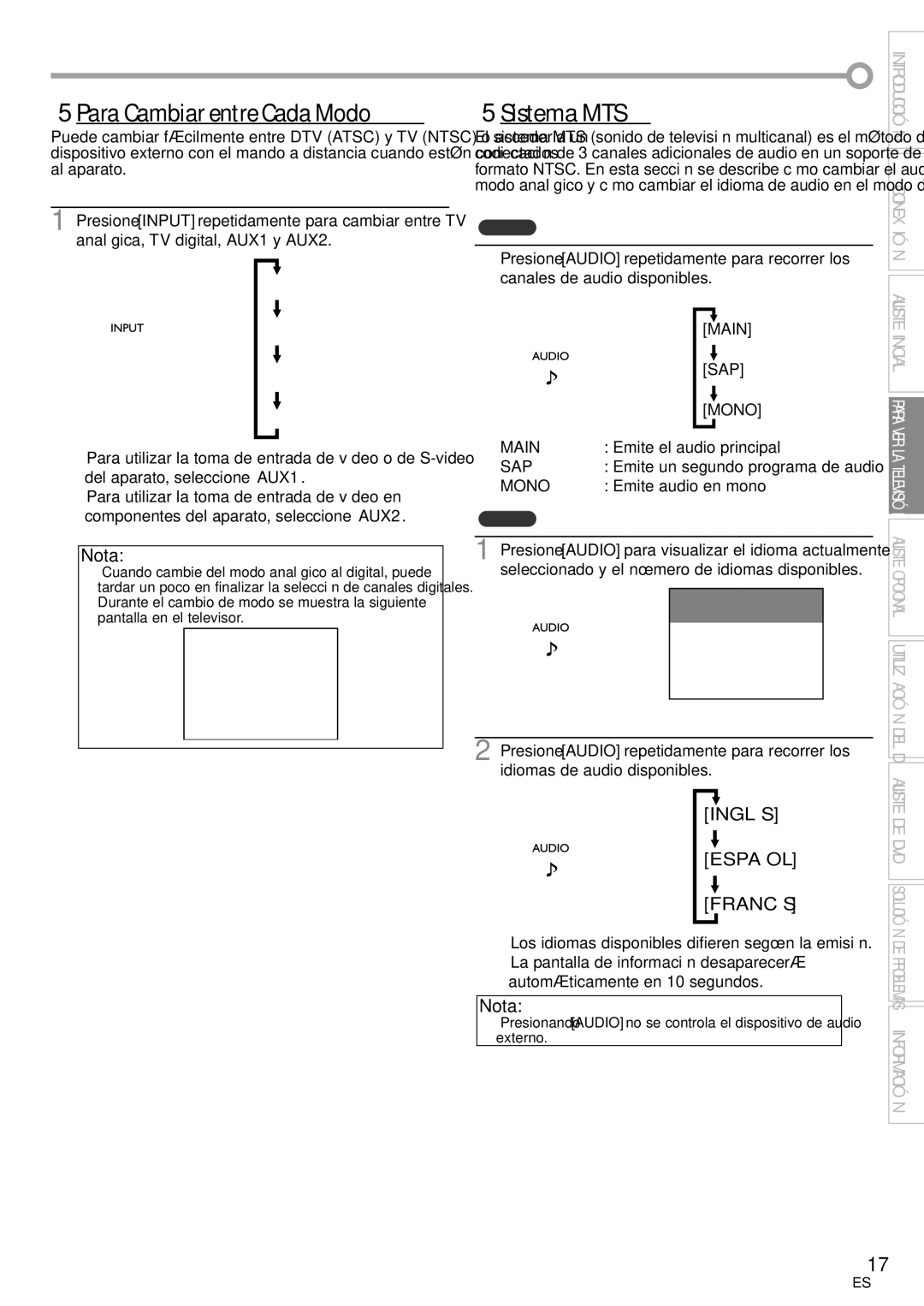 Sylvania ld155sl8 5Para Cambiar entre Cada Modo, 5Sistema MTS, Modo Analógico Modo Digital, Inglés Español Francés 