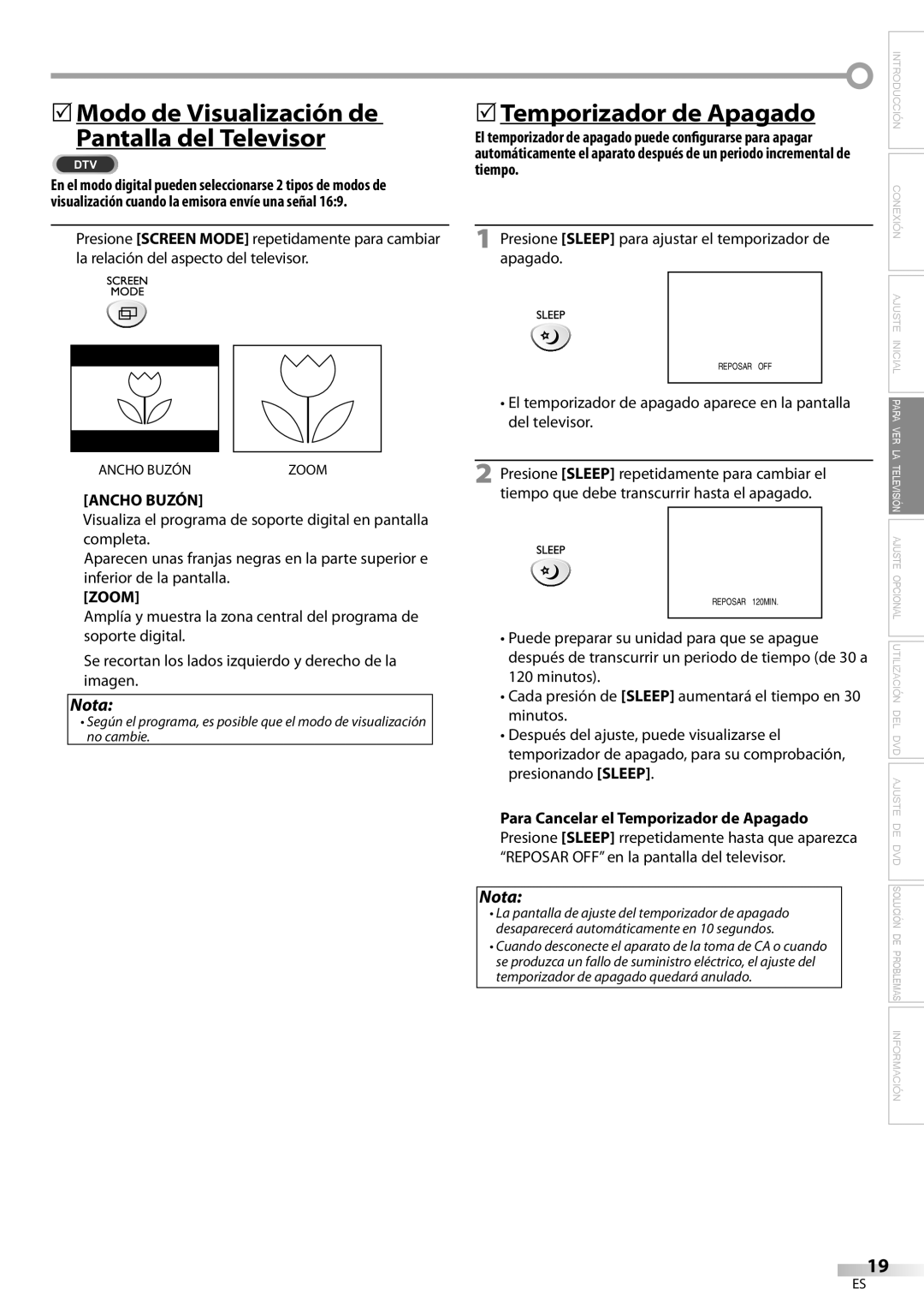 Sylvania ld155sl8 owner manual 5Modo de Visualización de Pantalla del Televisor, 5Temporizador de Apagado, Ancho Buzón 