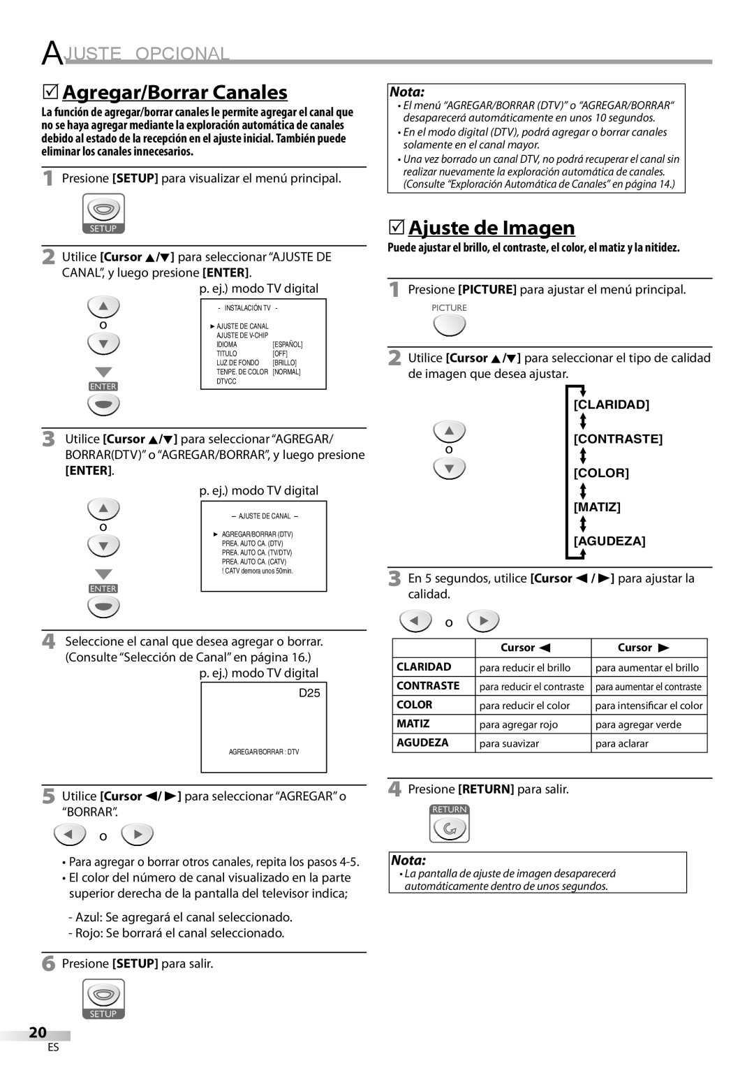 Sylvania ld155sl8 owner manual Ajuste Opcional, 5Agregar/Borrar Canales, 5Ajuste de Imagen 