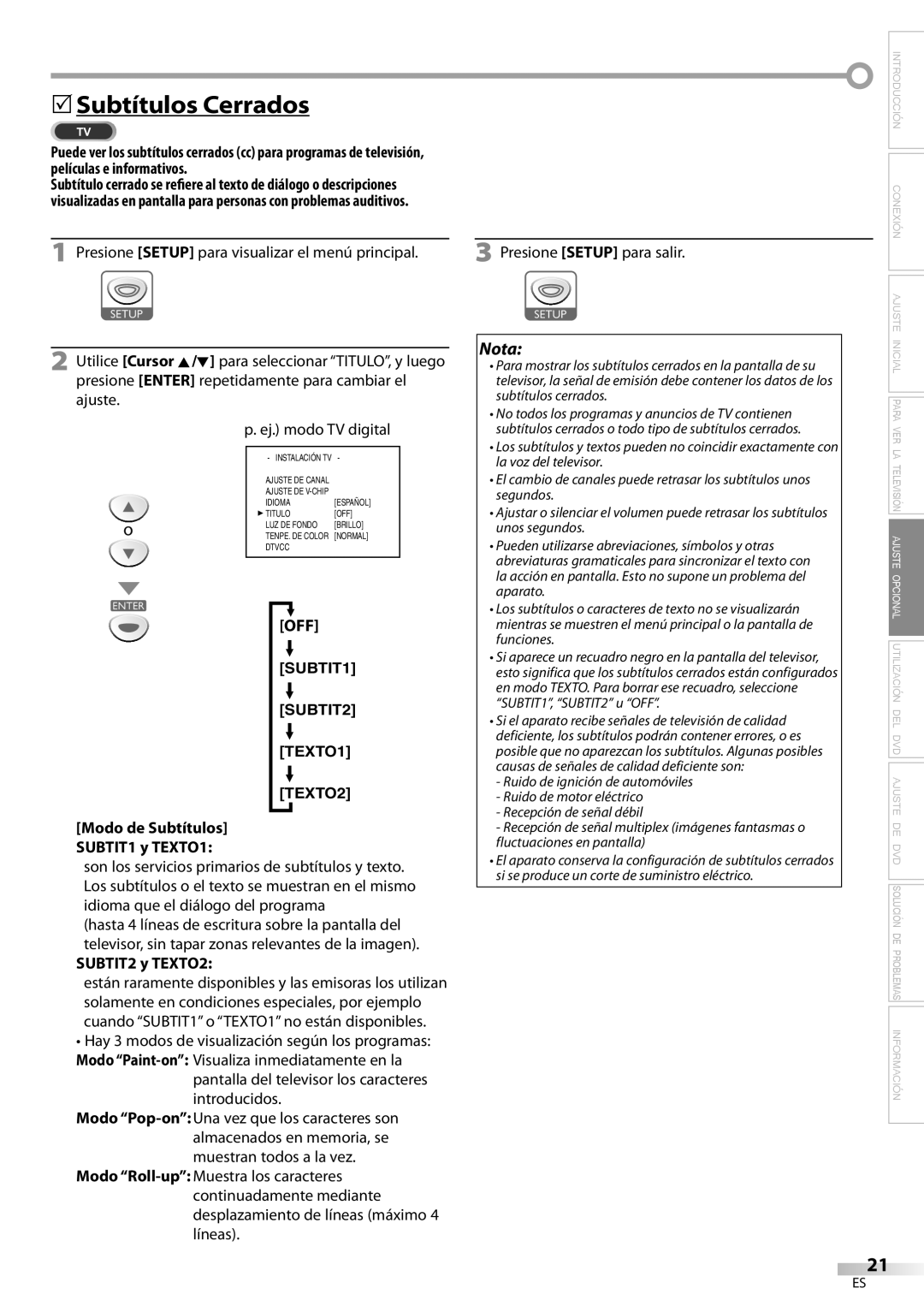 Sylvania ld155sl8 owner manual 5Subtítulos Cerrados, Modo de Subtítulos SUBTIT1 y TEXTO1, SUBTIT2 y TEXTO2 