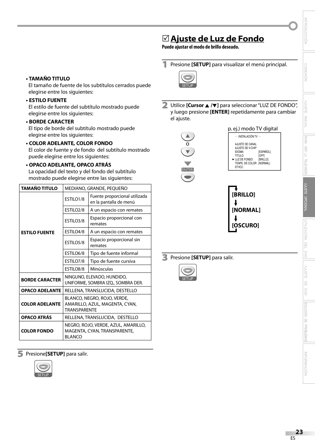 Sylvania ld155sl8 owner manual 5Ajuste de Luz de Fondo, Brillo Normal Oscuro 