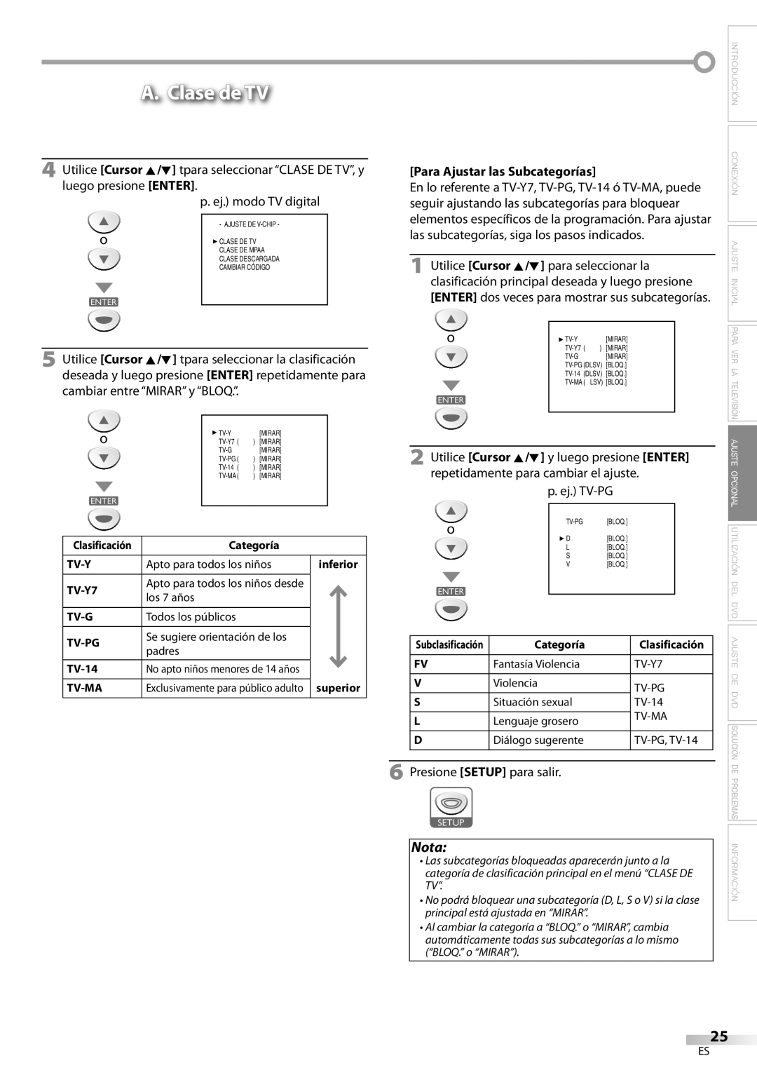 Sylvania ld155sl8 owner manual Clase de TV, Para Ajustar las Subcategorías 