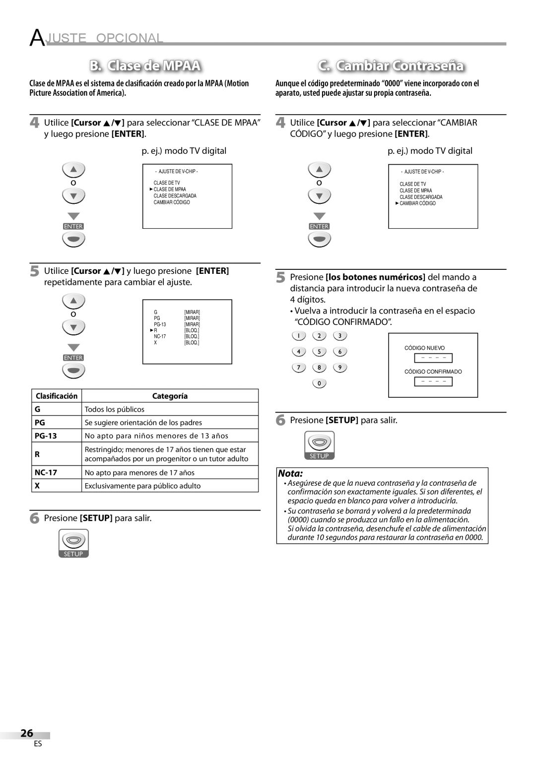 Sylvania ld155sl8 owner manual Clase de Mpaa, Vuelva a introducir la contraseña en el espacio 