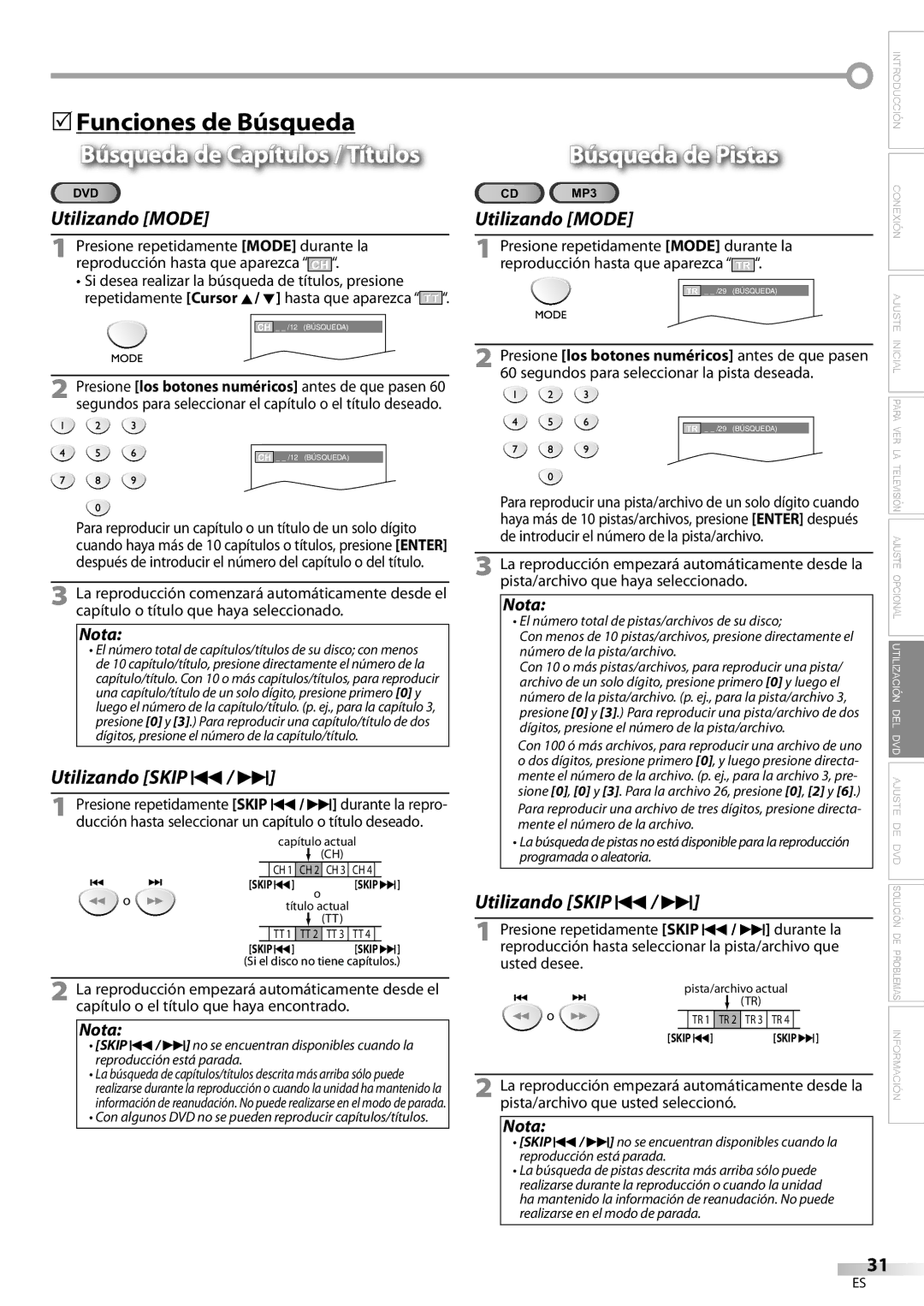 Sylvania ld155sl8 owner manual 5Funciones de Búsqueda, Búsqueda de Pistas 