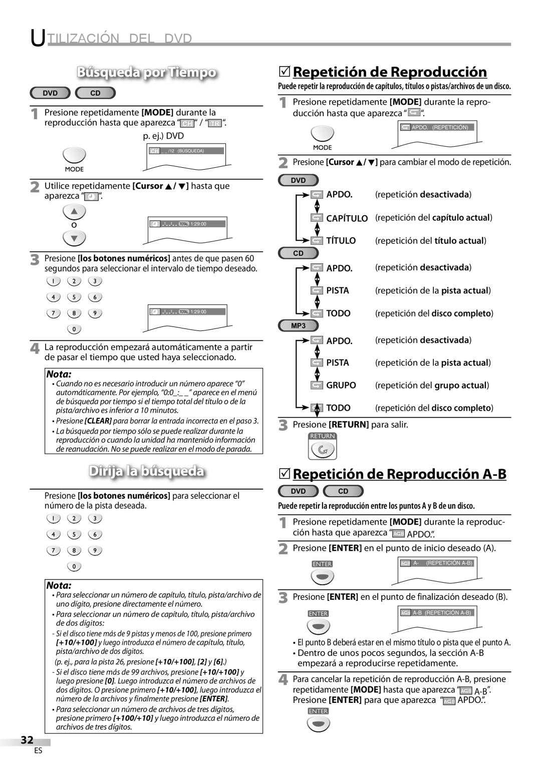 Sylvania ld155sl8 owner manual Búsqueda por Tiempo, Dirija la búsqueda, 5Repetición de Reproducción A-B 