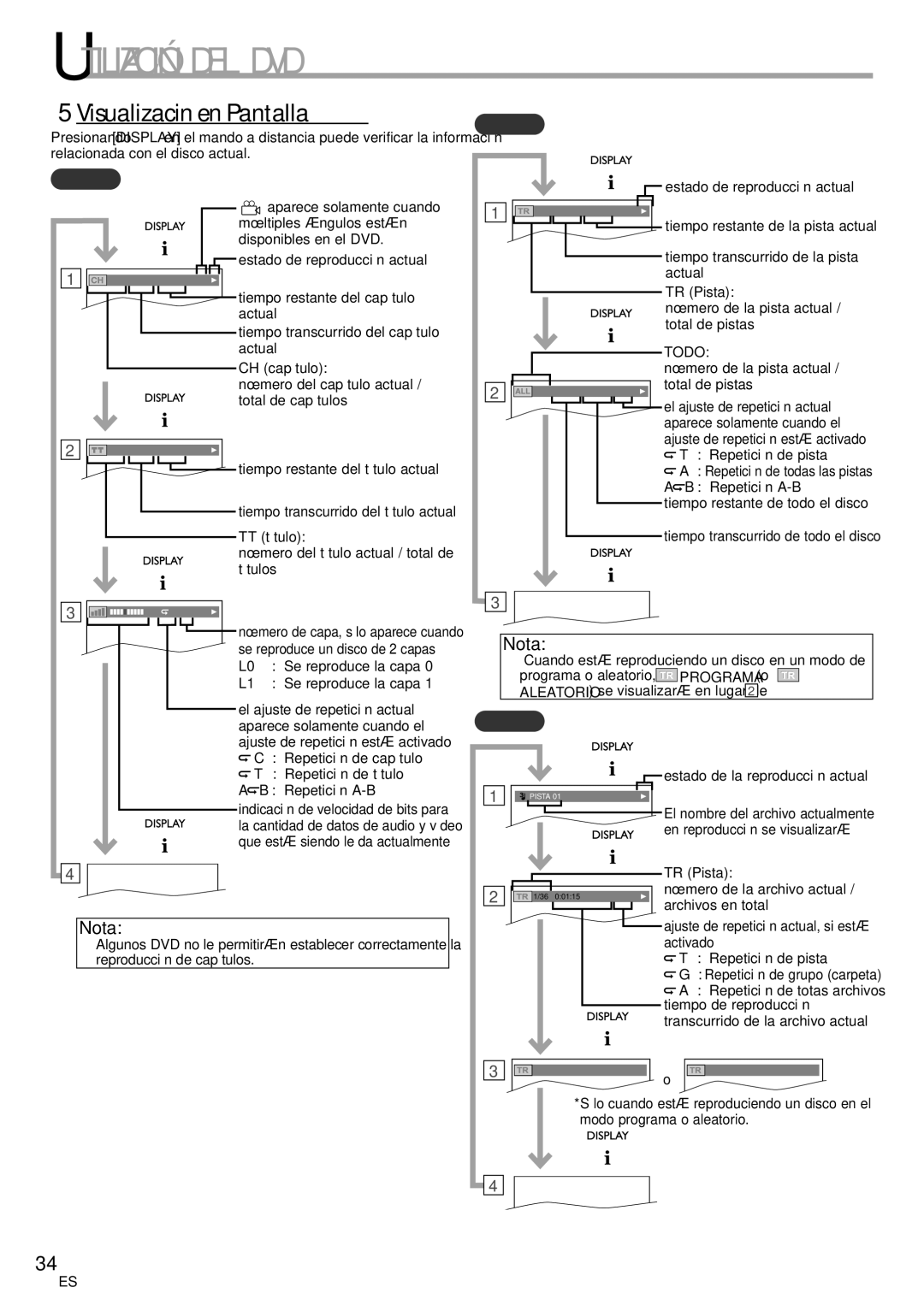 Sylvania ld155sl8 owner manual 5Visualización en Pantalla, Cuando está reproduciendo un disco en un modo de 