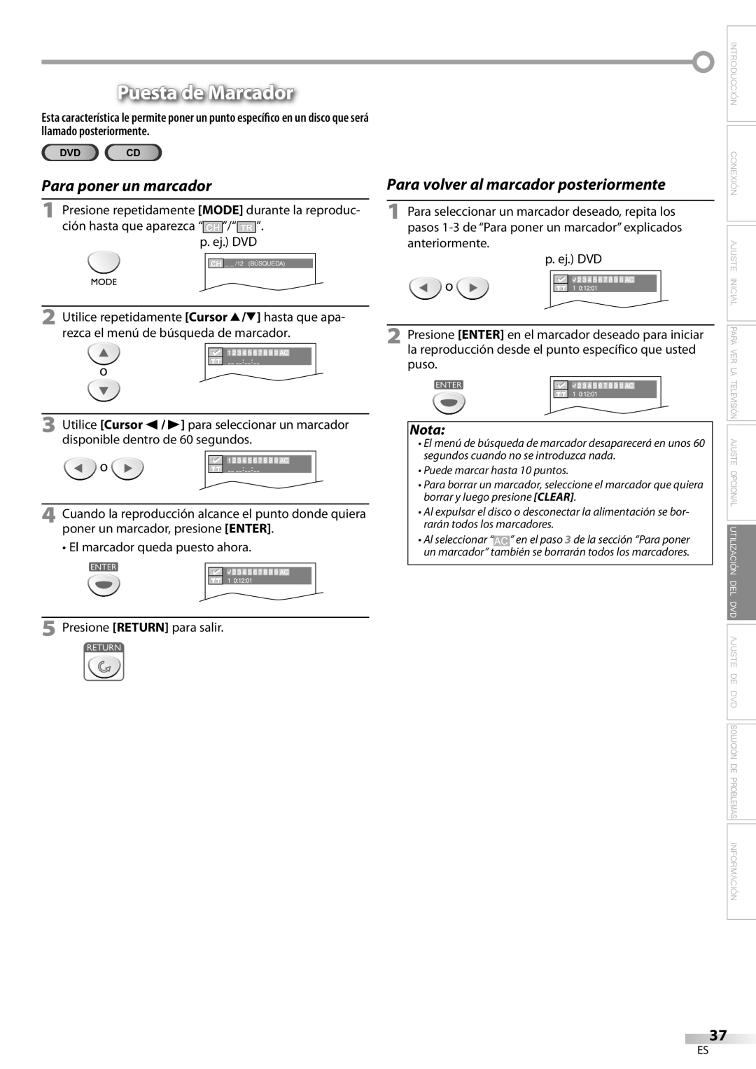 Sylvania ld155sl8 owner manual Puesta de Marcador, Para poner un marcador 