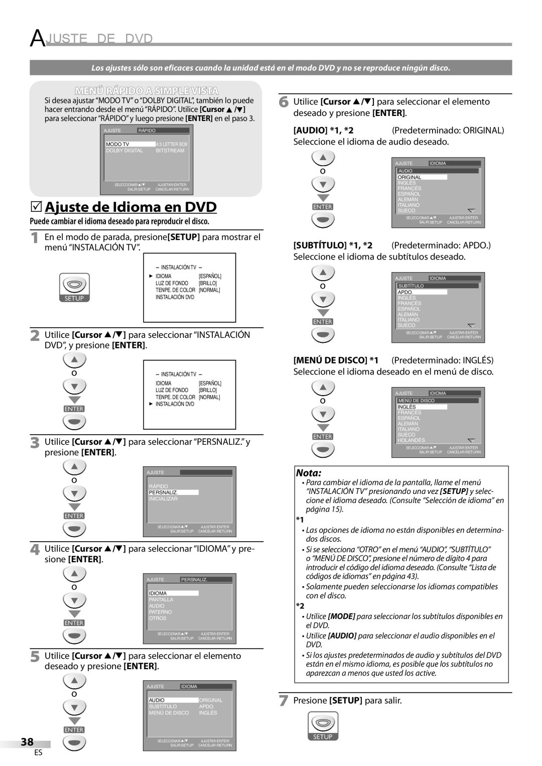 Sylvania ld155sl8 owner manual Ajuste DE DVD, 5Ajuste de Idioma en DVD 