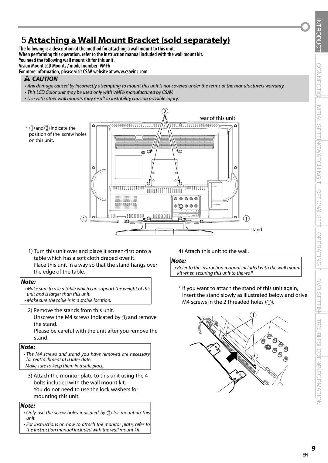 Sylvania ld155sl8 5Attaching a Wall Mount Bracket sold separately, Rear of this unit, Attach this unit to the wall 