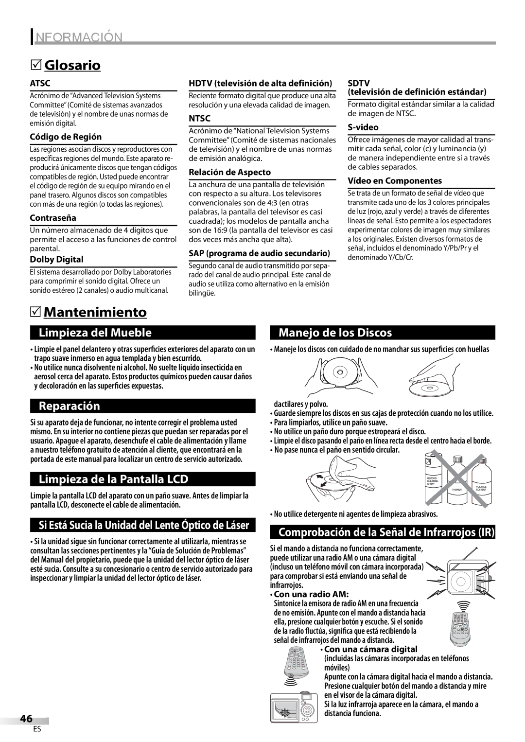 Sylvania ld155sl8 owner manual Información, Glosario, Mantenimiento, Sdtv 