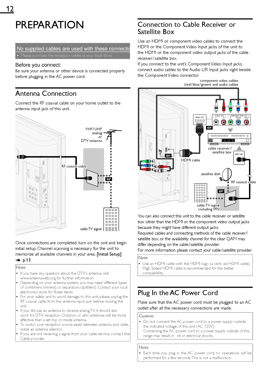 Sylvania LD190552 Preparation, Antenna Connection, Connection to Cable Receiver or Satellite Box, Before you connect 