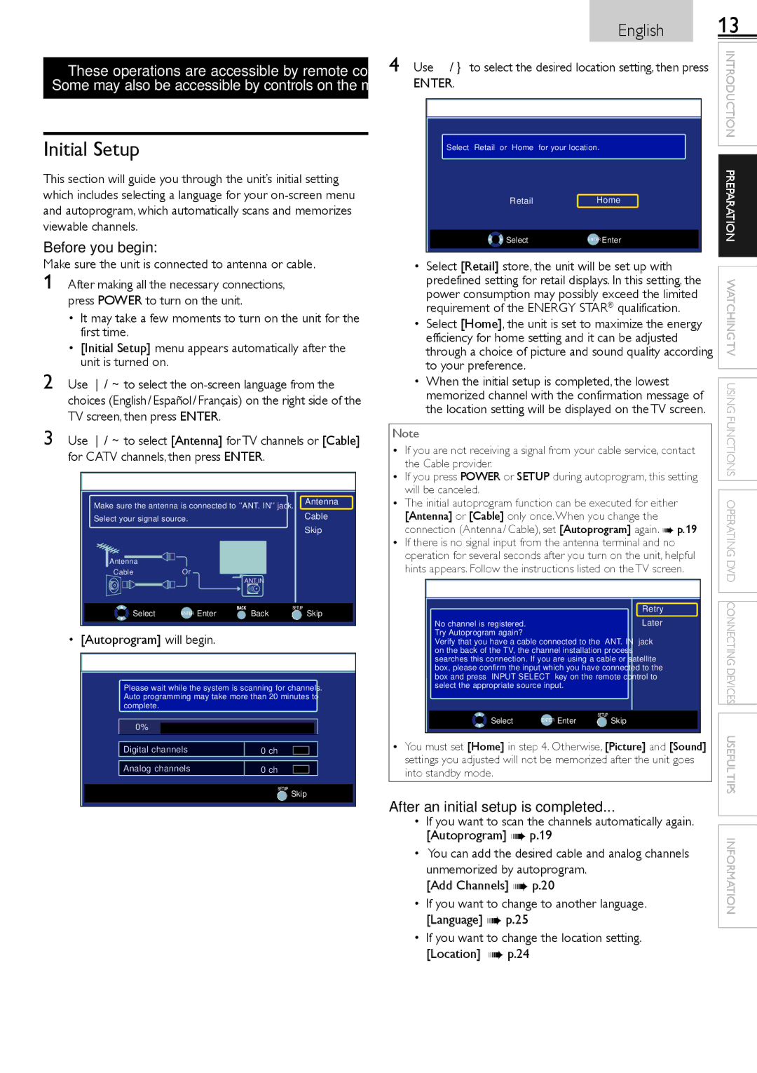 Sylvania LD190552 owner manual Initial Setup, Before you begin, After an initial setup is completed 