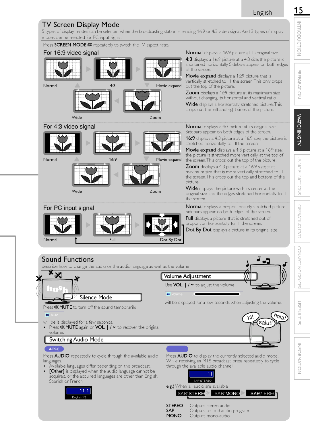 Sylvania LD190552 owner manual Volume Adjustment, Silence Mode, Switching Audio Mode, 11−1 