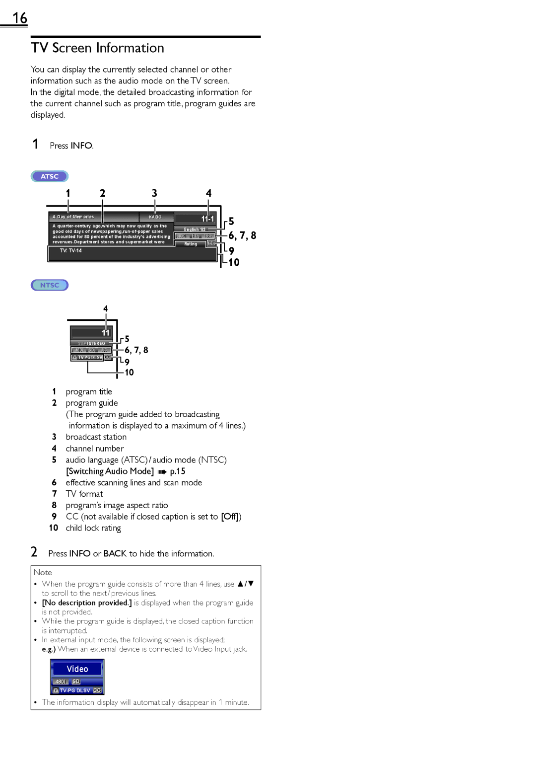 Sylvania LD190552 owner manual TV Screen Information, Program title Program guide, Broadcast station Channel number 