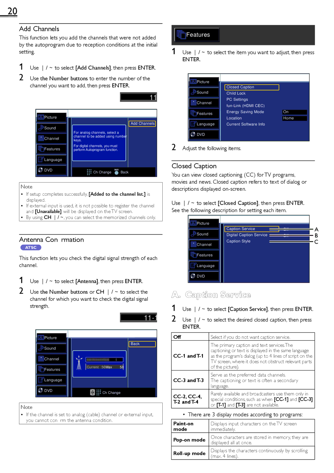 Sylvania LD190552 owner manual Caption Service, Add Channels, Closed Caption, Antenna Conﬁrmation 