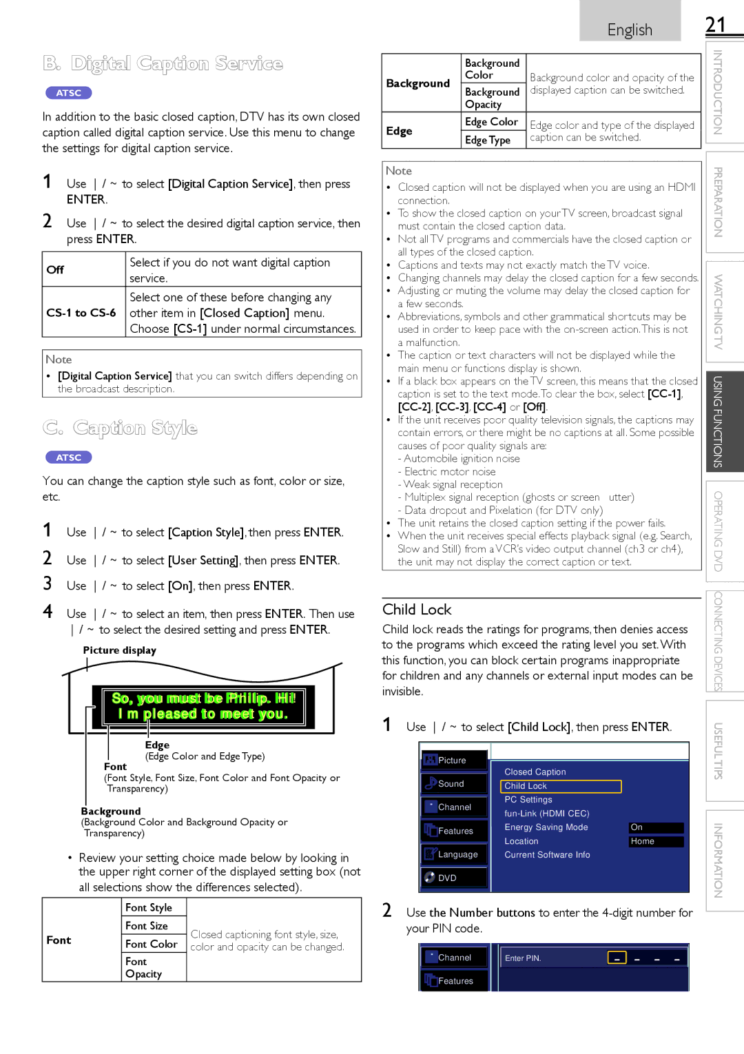 Sylvania LD190552 owner manual Digital Caption Service, Caption Style, Child Lock 