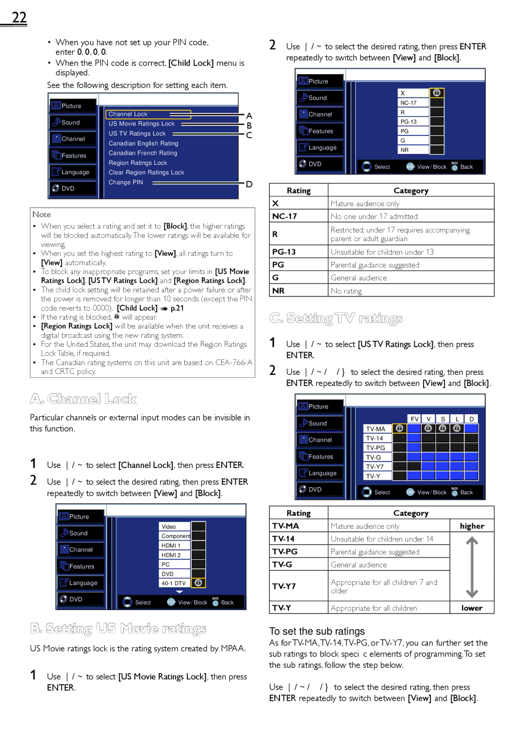 Sylvania LD190552 owner manual Channel Lock, Setting US Movie ratings, Setting TV ratings, To set the sub ratings 