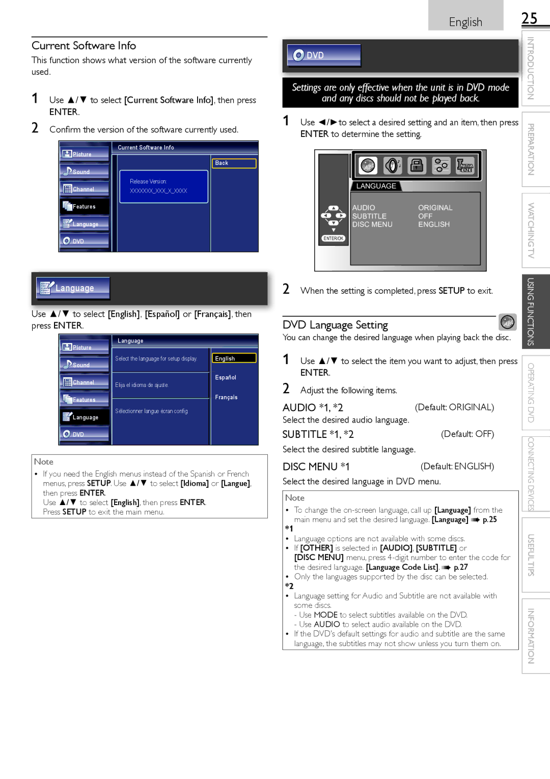 Sylvania LD190552 owner manual Current Software Info, Audio *1, *2, Subtitle *1, *2, Disc Menu *1 