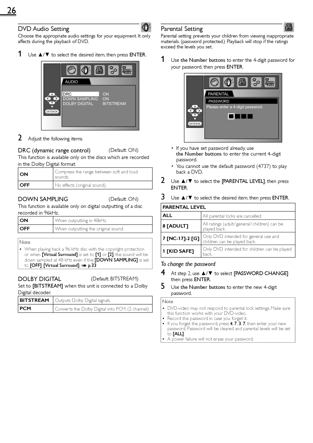 Sylvania LD190552 DVD Audio Setting, DRC dynamic range control, Down Sampling, Dolby Digital, To change the password 