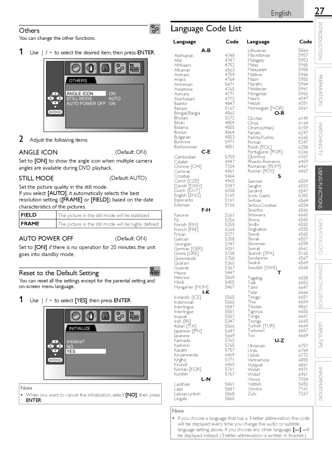 Sylvania LD190552 owner manual Language Code List, Others, Reset to the Default Setting 