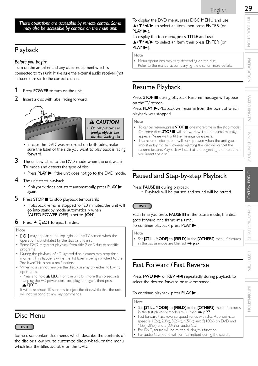 Sylvania LD190552 Disc Menu, Resume Playback, Paused and Step-by-step Playback, Fast Forward / Fast Reverse 