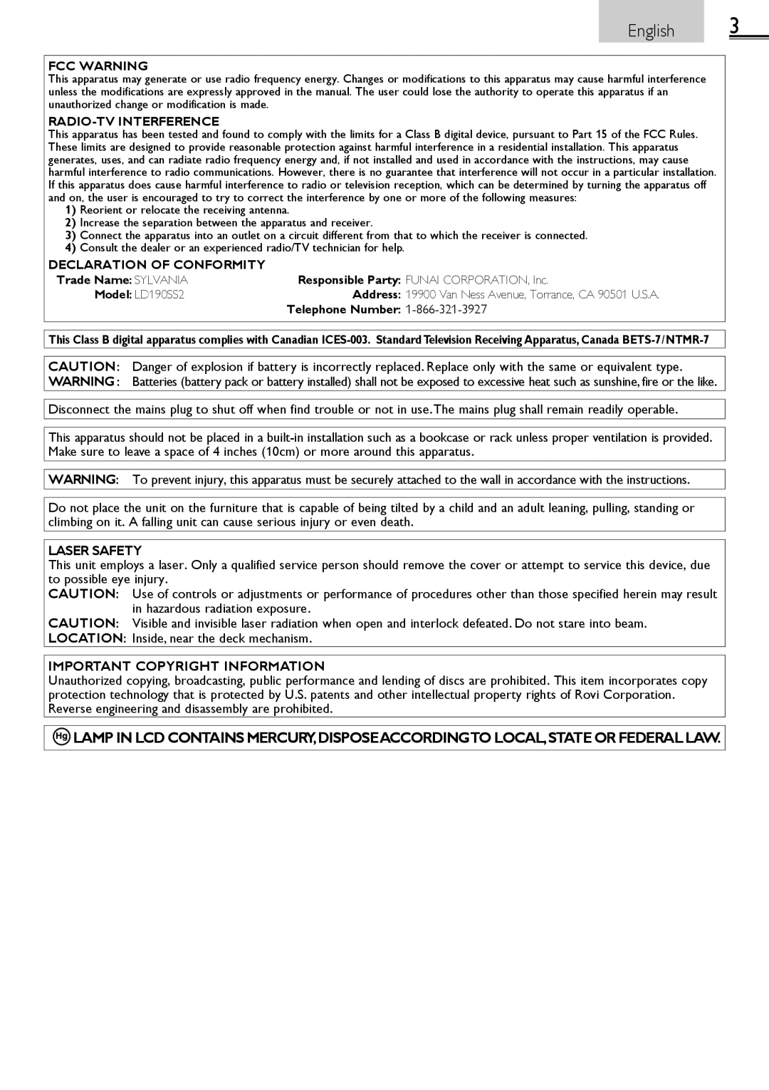 Sylvania LD190552 owner manual English, Telephone Number 