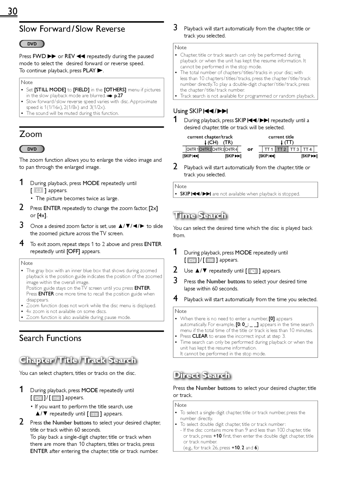 Sylvania LD190552 owner manual Slow Forward / Slow Reverse, Zoom, Time Search, Direct Search, Using Skip H/ G 