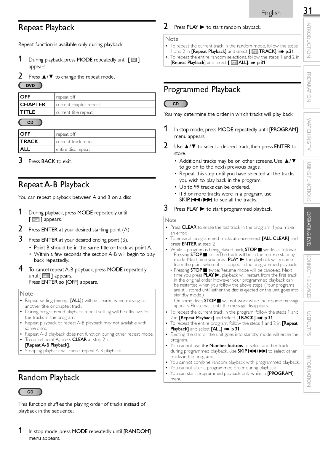 Sylvania LD190552 owner manual Repeat Playback, Repeat A-B Playback, Random Playback, Programmed Playback 