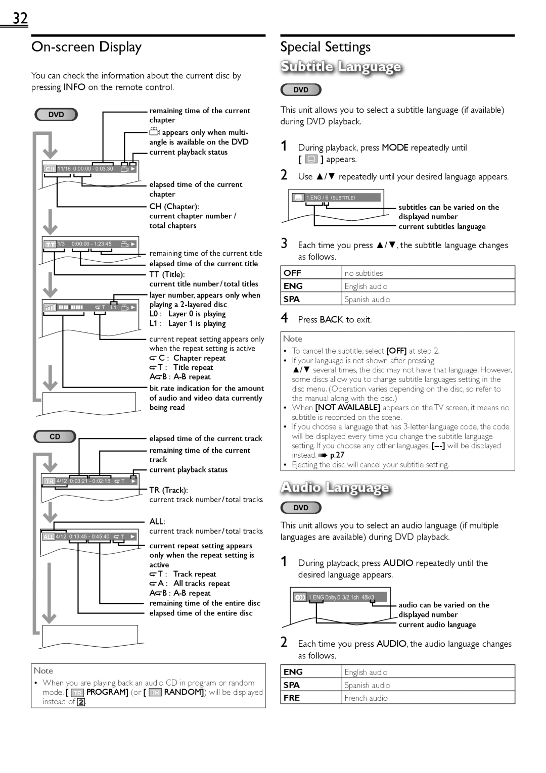 Sylvania LD190552 owner manual On-screen Display, Special Settings, Subtitle Language, Audio Language 