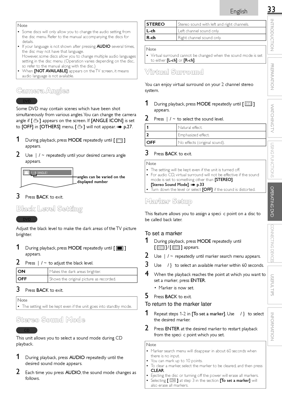 Sylvania LD190552 owner manual Camera Angles, Black Level Setting, Stereo Sound Mode, Virtual Surround, Marker Setup 
