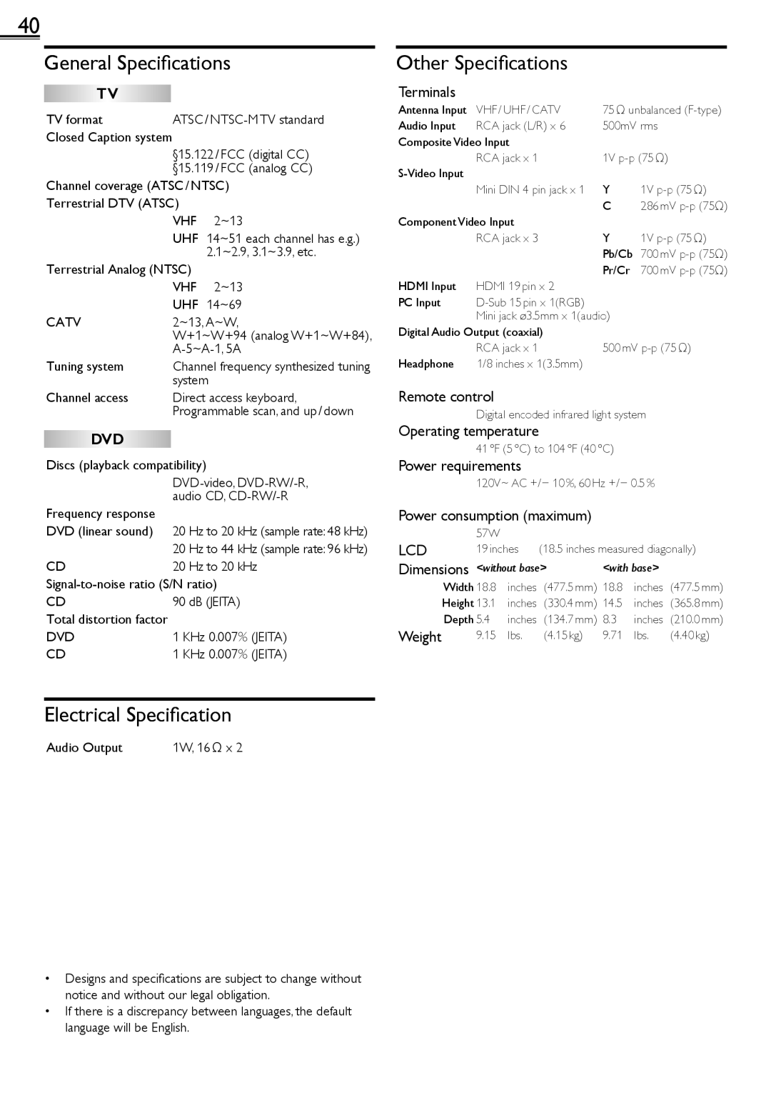 Sylvania LD190552 owner manual General Speciﬁcations, Electrical Speciﬁcation, Other Speciﬁcations, Lcd 