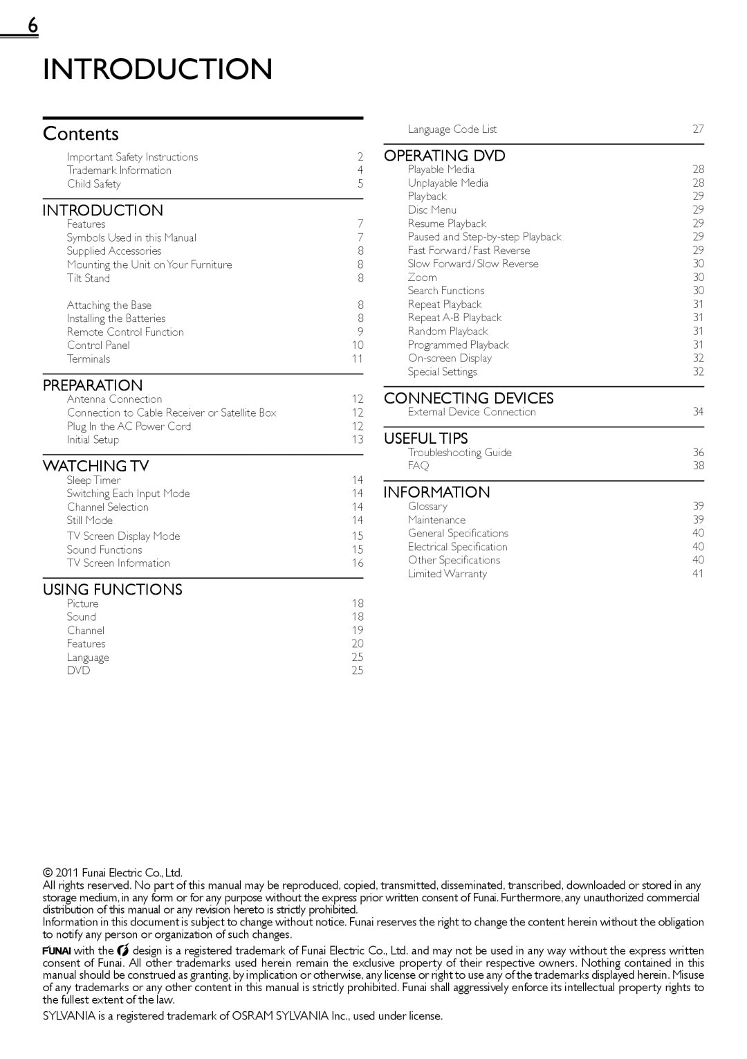 Sylvania LD190552 owner manual Introduction, Contents 