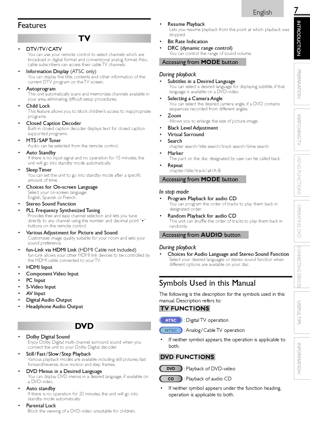 Sylvania LD190552 owner manual Features, Symbols Used in this Manual, During playback, Stop mode 