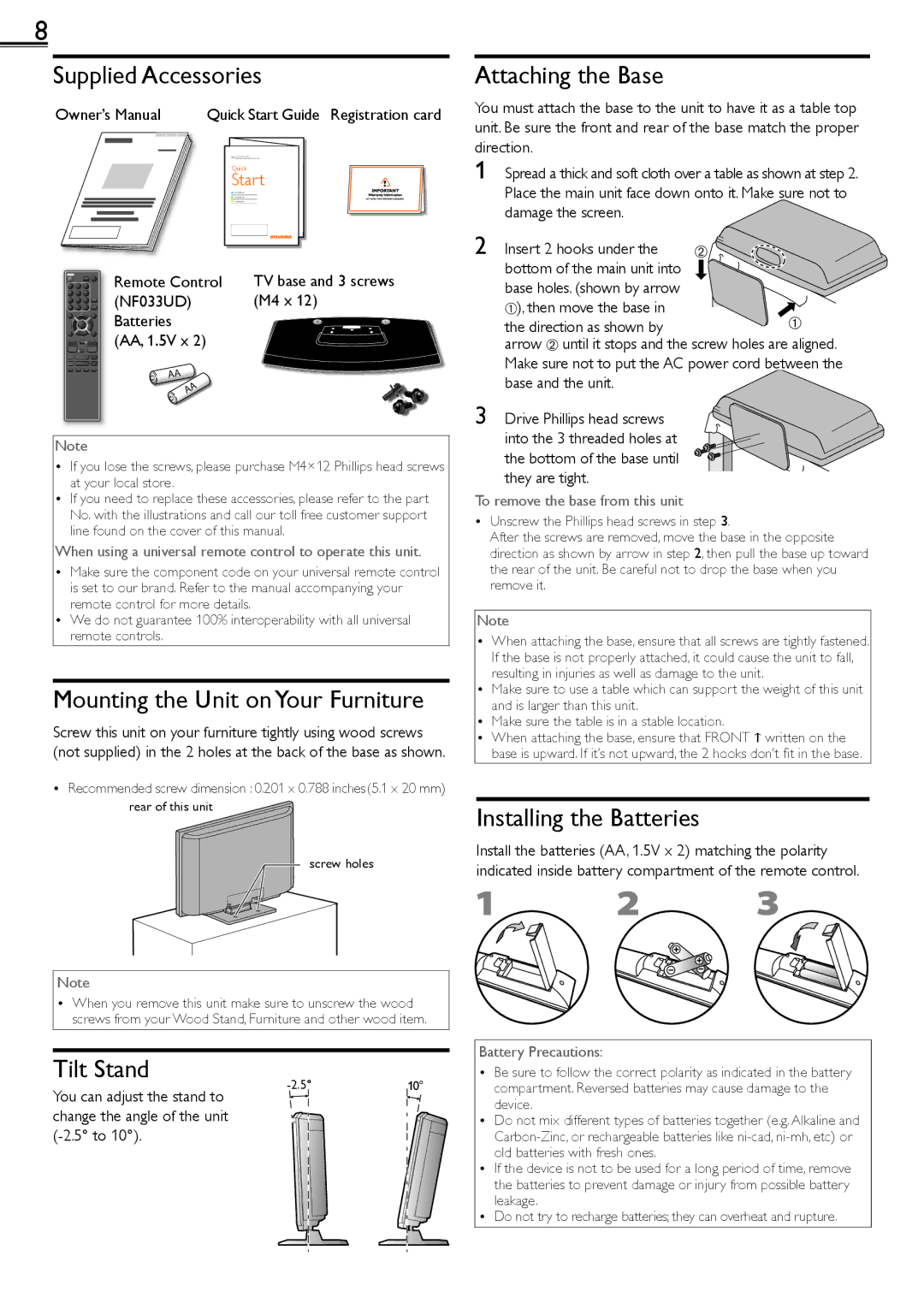 Sylvania LD190552 owner manual Supplied Accessories, Attaching the Base, Mounting the Unit on Your Furniture, Tilt Stand 