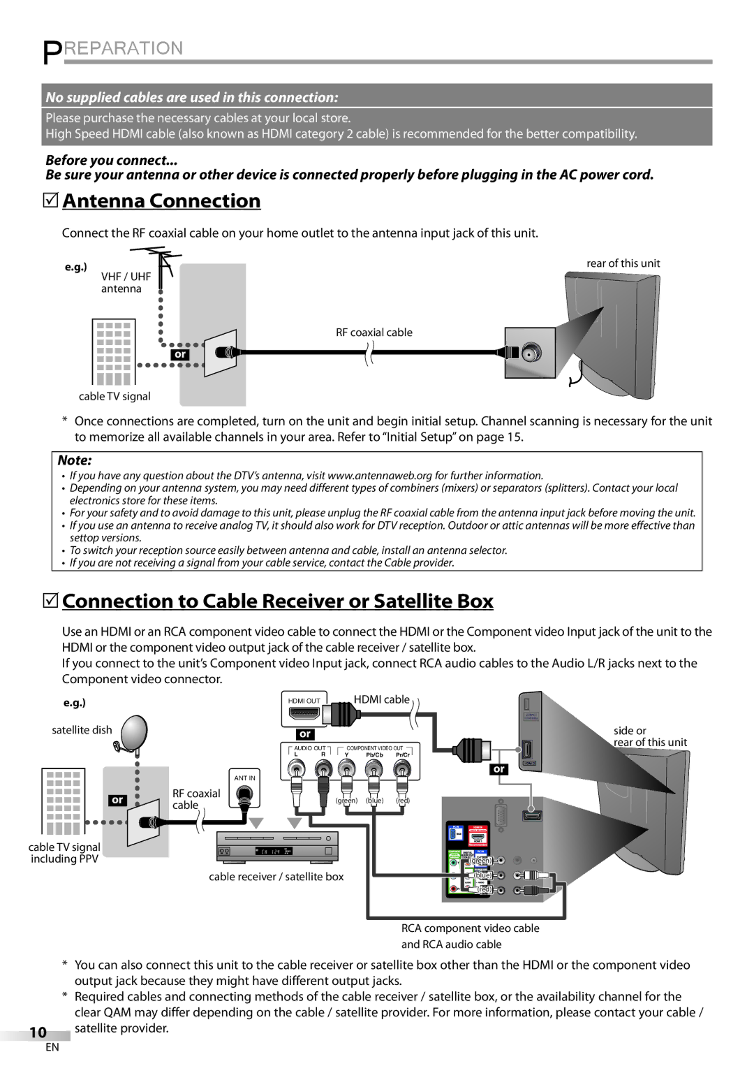 Sylvania LD190SS1 Preparation,  Antenna Connection,  Connection to Cable Receiver or Satellite Box, Satellite provider 