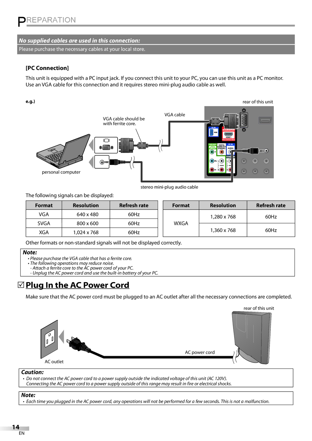 Sylvania LD190SS1 owner manual  Plug In the AC Power Cord, PC Connection, Resolution 