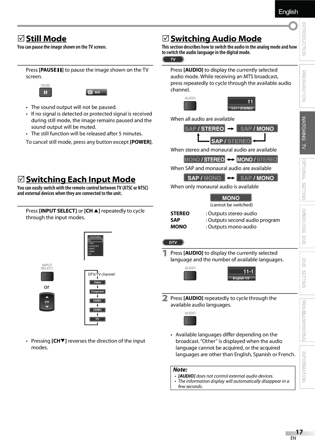 Sylvania LD190SS1 owner manual  Still Mode,  Switching Each Input Mode, Switching Audio Mode 