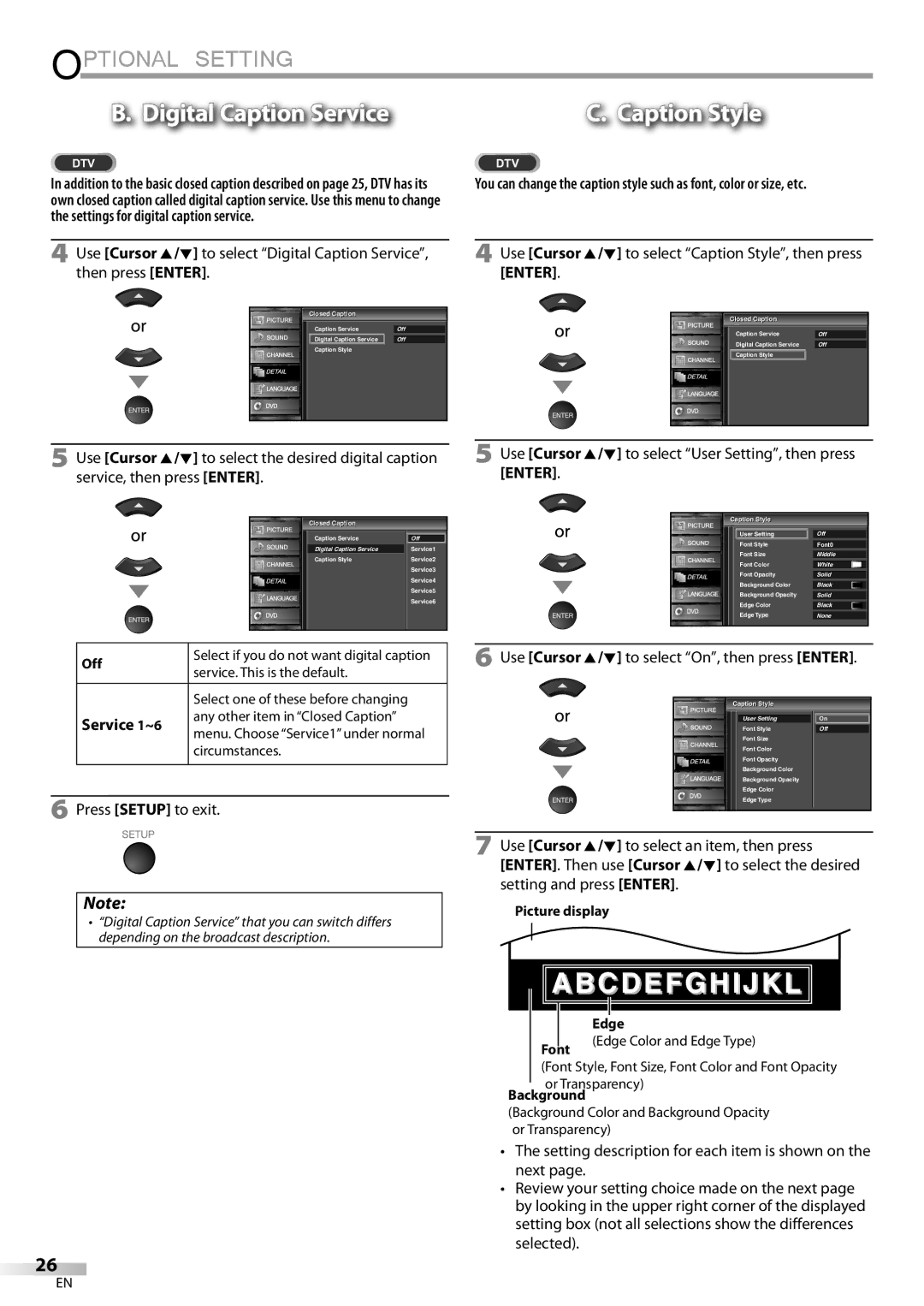 Sylvania LD190SS1 owner manual Digital Caption Service, Use Cursor K/L to select User Setting, then press, Service 1~6 