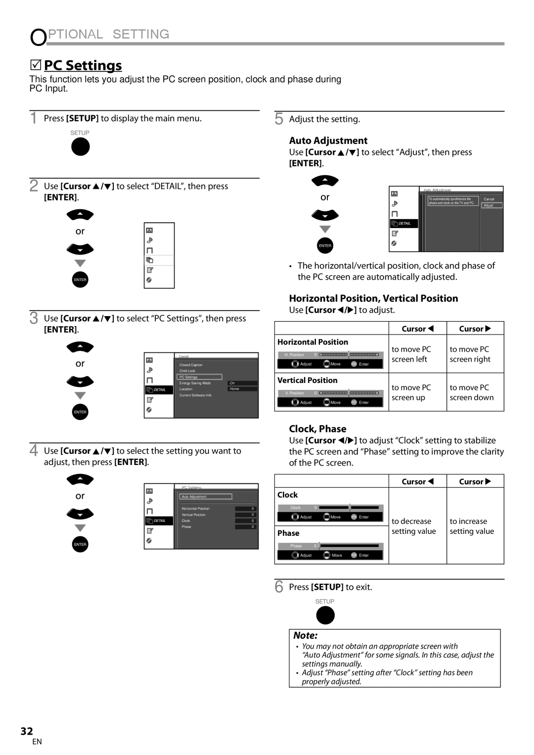 Sylvania LD190SS1 owner manual  PC Settings, Auto Adjustment, Horizontal Position, Vertical Position, Clock, Phase 