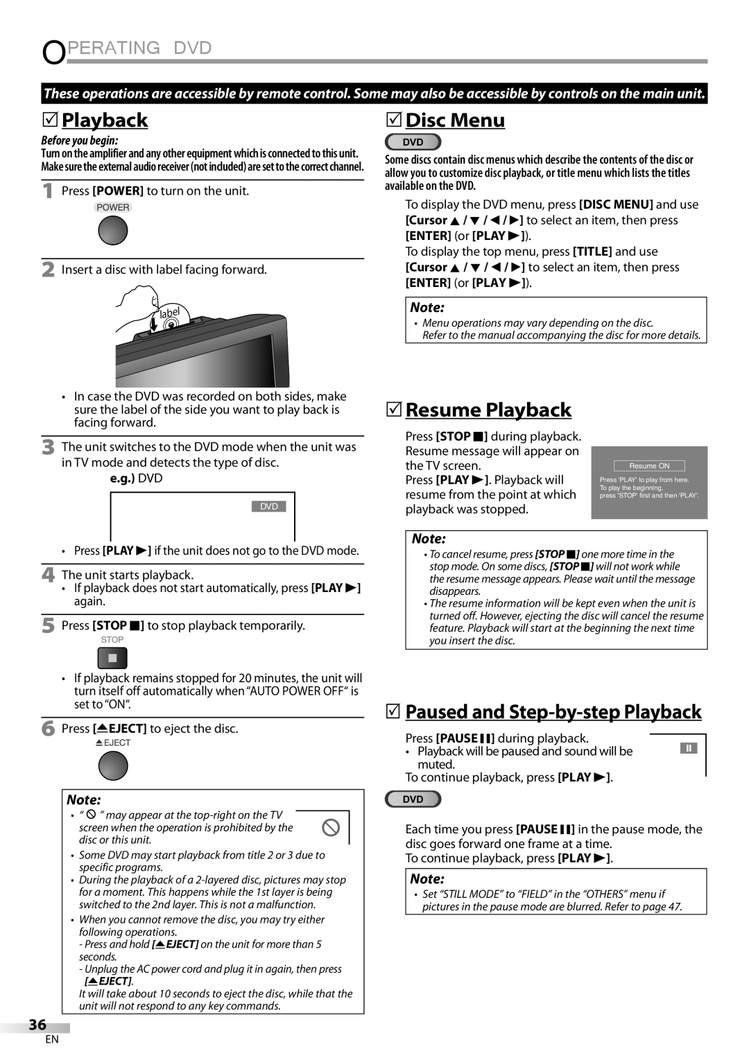 Sylvania LD190SS1 owner manual  Playback,  Disc Menu,  Resume Playback, Dvd 