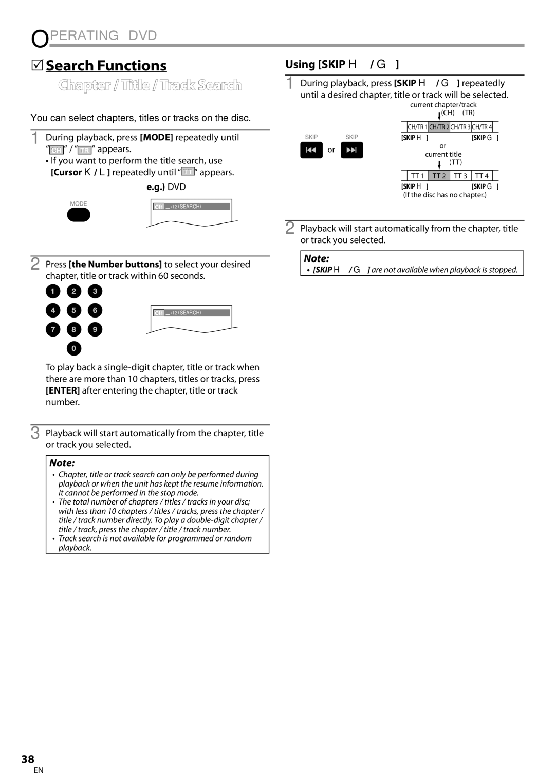 Sylvania LD190SS1 owner manual  Search Functions, Chapter / Title / Track Search 