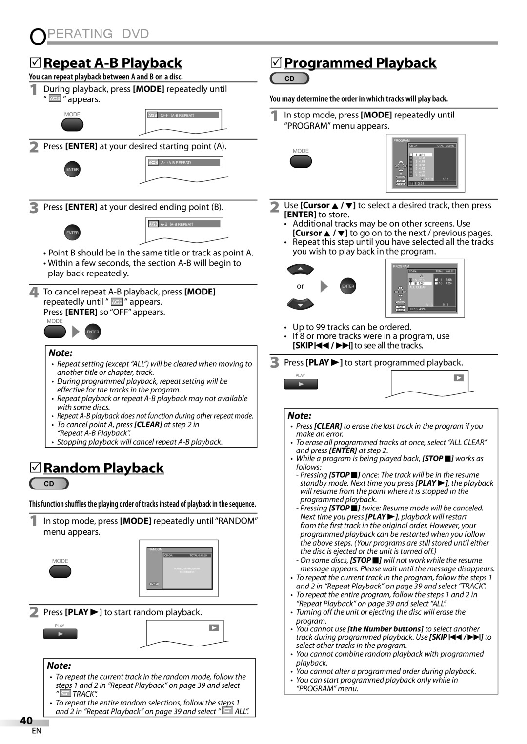 Sylvania LD190SS1 owner manual Repeat A-B Playback Programmed Playback,  Random Playback 