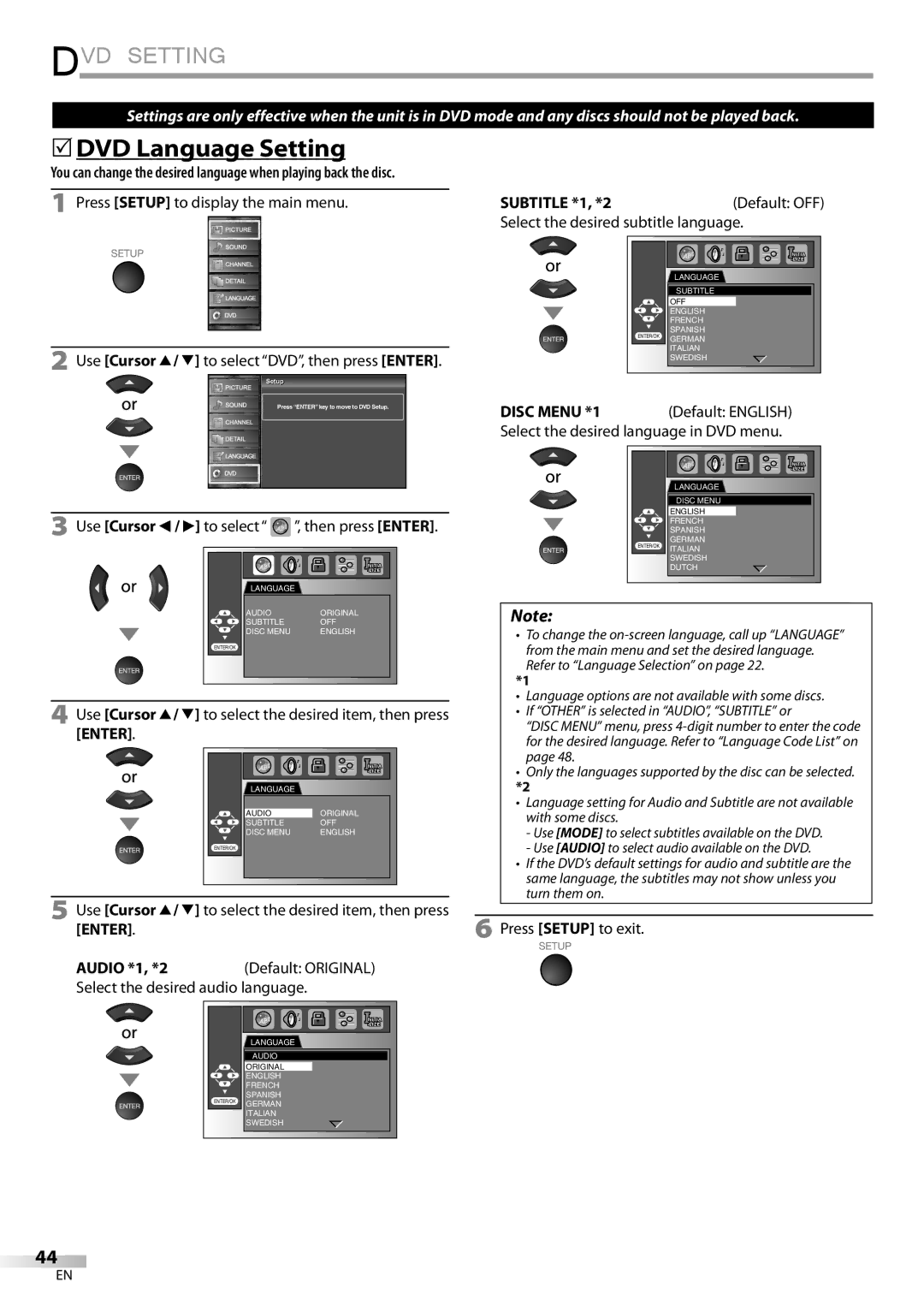 Sylvania LD190SS1 DVD Setting,  DVD Language Setting, Press Setup to display the main menu, Subtitle *1, *2Default OFF 